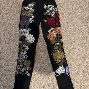 Floral Rhinestone Black Jeans